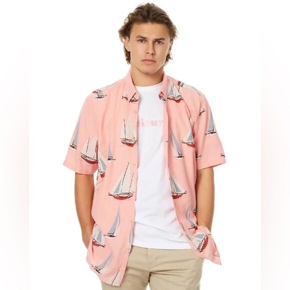 Barney Cools Hawaiian Shirt Large Pink Sailboats Pattern Short Sleeve Size XL - Picture 2 of 11